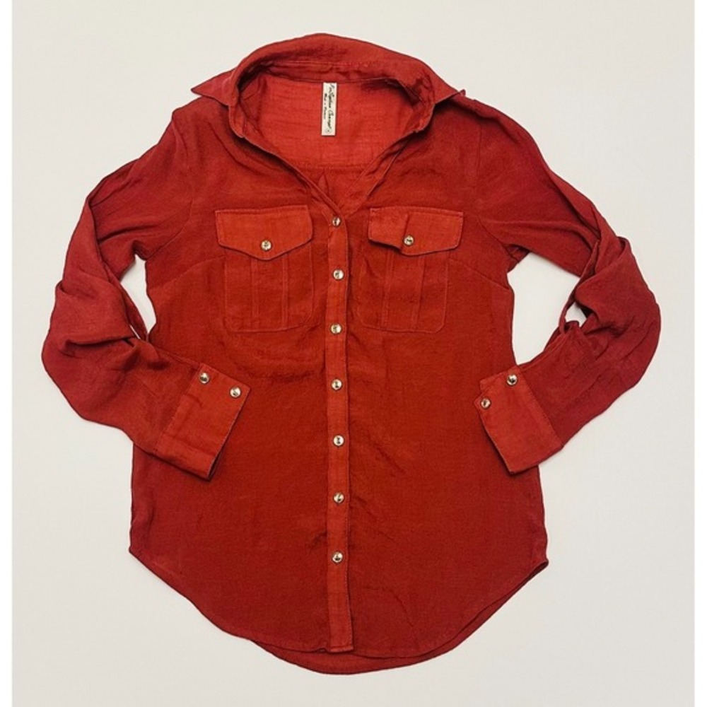 Per Seption Concept Red Adjustable Thin Long Sleeve Button Up Womens Small Shirt
